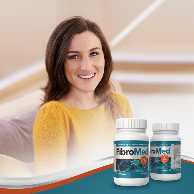 Frau im Alltag, daneben zwei Dosen FibroMed