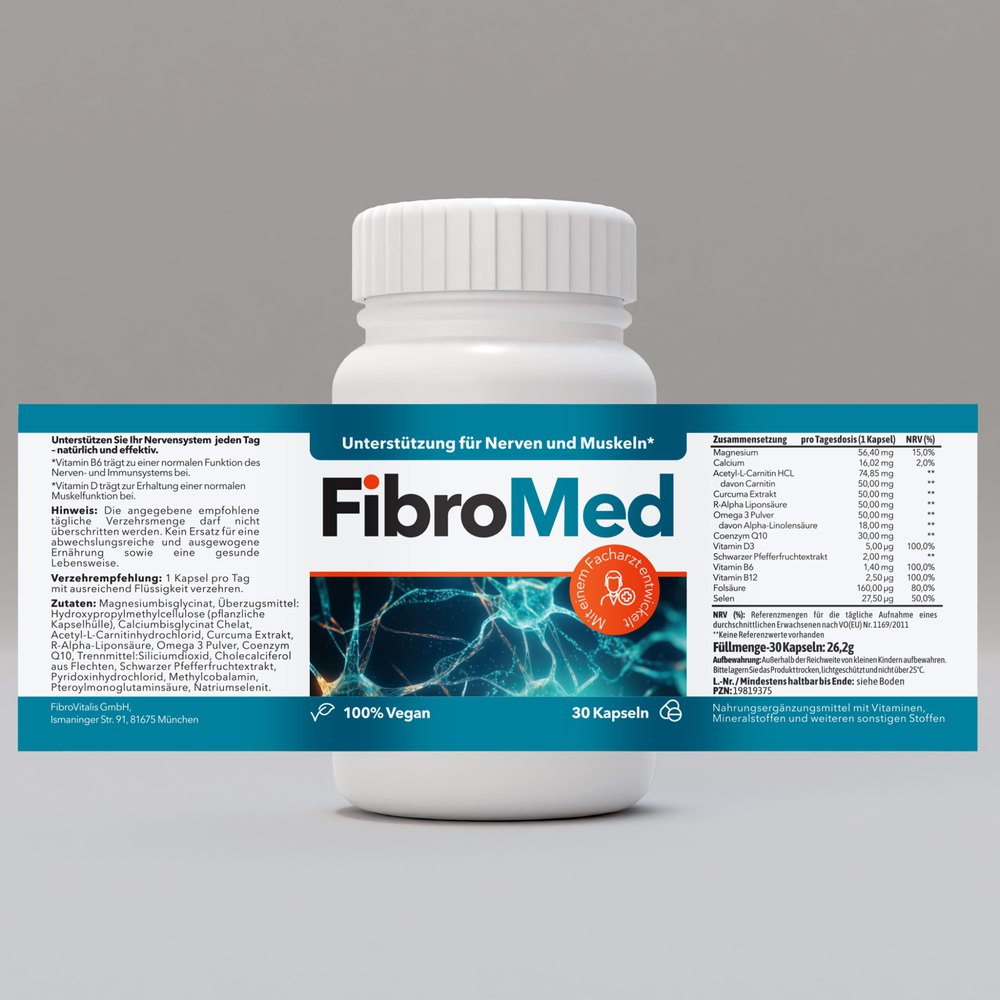 Dose FibroMed mit aufgeklapptem Etikett: Verzehrempfehlung, Zutatenverzeichnis und Tabelle der Zusammensetzung pro Tagesdosis