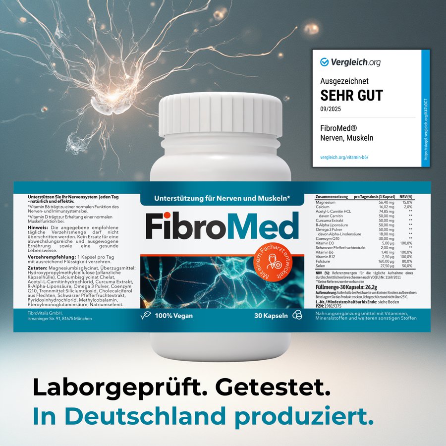 Dose FibroMed mit vollständig aufgeklapptem Etikett und dem Hinweis auf Laborprüfung und Herstellung in Deutschland