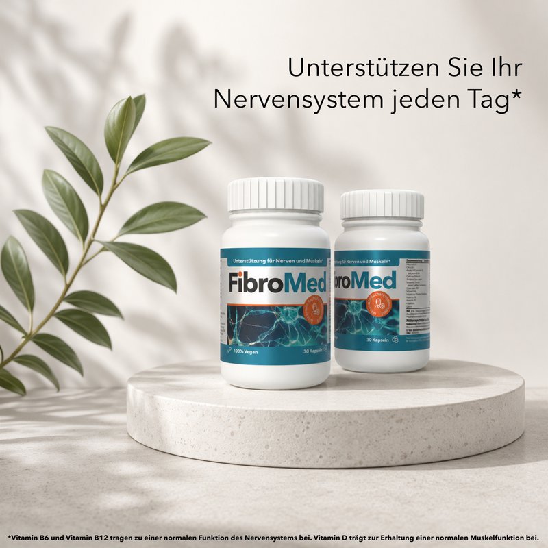 Zwei Dosen FibroMed, eine mit der Vorderseite, eine mit der Deklaration auf der Rückseite