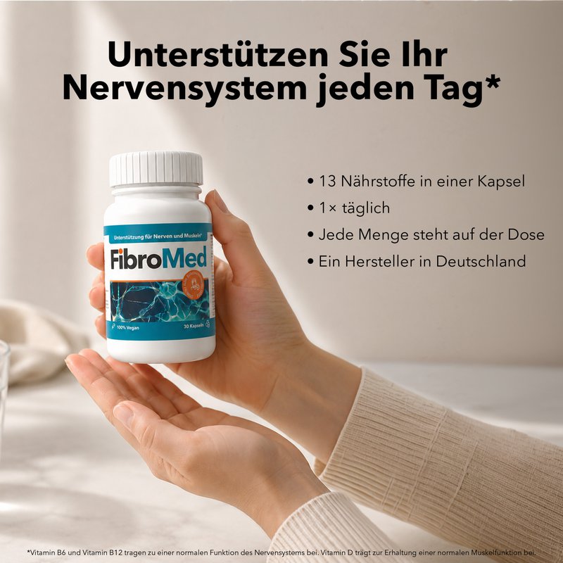 Hand hält eine Dose FibroMed, daneben vier Produktangaben in Stichpunkten