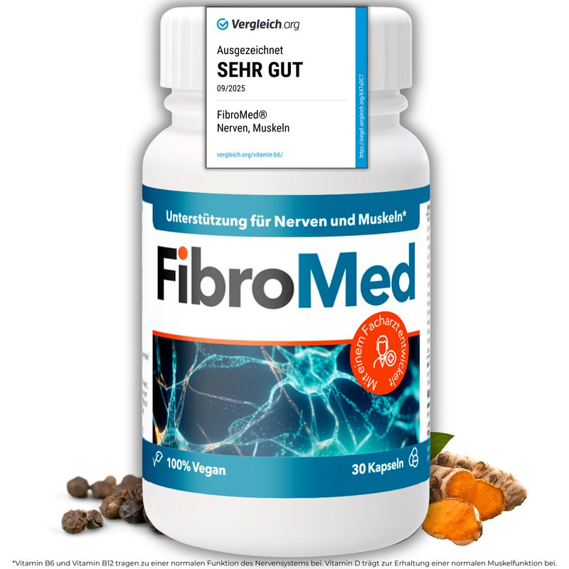 Dose FibroMed mit Kurkuma-Wurzel und schwarzen Pfefferkörnern