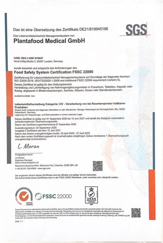 Zertifikat FSSC 22000 für Plantafood Medical GmbH, ausgestellt von SGS United Kingdom Ltd