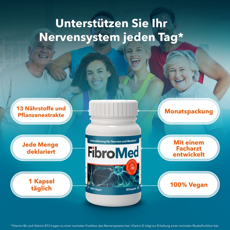 Übersicht der Produktmerkmale von FibroMed: 13 Nährstoffe und Pflanzenextrakte, Monatspackung, jede Menge deklariert, mit einem Facharzt entwickelt, eine Kapsel täglich, 100 Prozent vegan